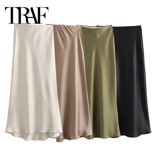 Satin Skirt Women High Waist Long Skirts